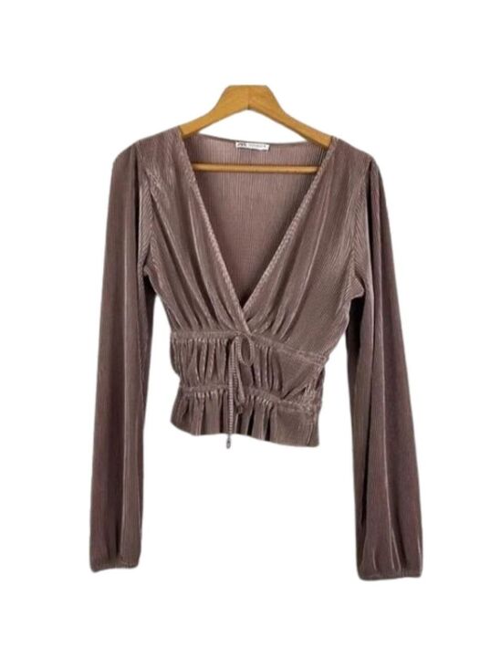 Zara Tops - Zara Mocha Shimmery Plunge Neck Ruffle Hem Tie Front Balloon Sleeve Blouse.
